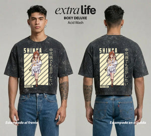 Playera streetwear premium de anime y gaming ExtraLife MX, corte boxy deluxe mineral wash heavyweight en color Acid Wash, moda urbana mexicana de culto.