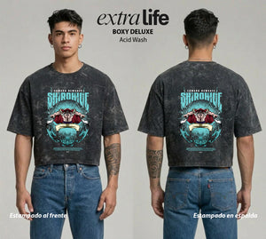 Playera streetwear premium de anime y gaming ExtraLife MX, corte boxy deluxe mineral wash heavyweight en color Acid Wash, moda urbana mexicana de culto.
