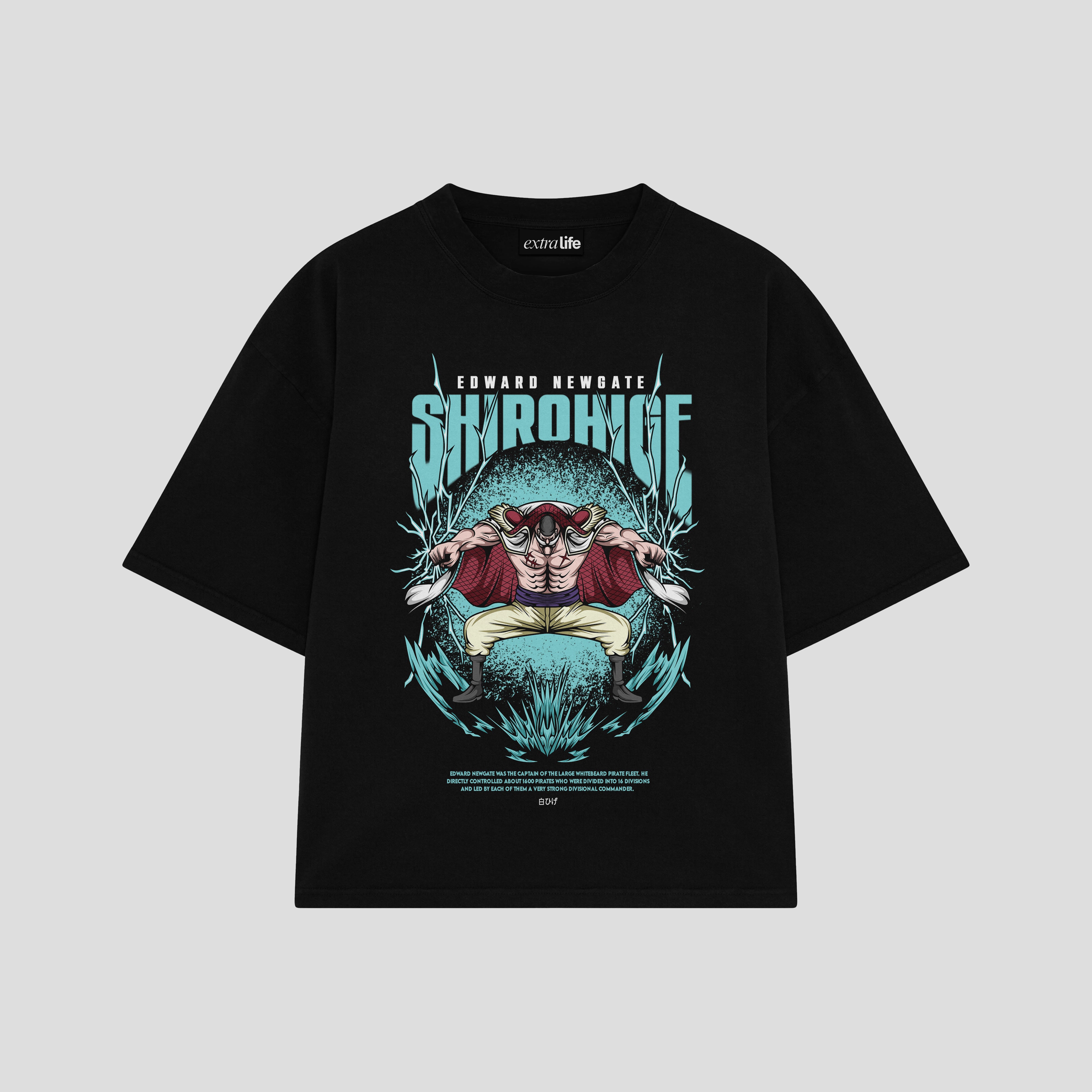 Playera streetwear premium de anime y gaming ExtraLife MX, corte boxy oversized drop shoulder heavyweight en color Deep Black y Off-White, moda urbana mexicana de culto.