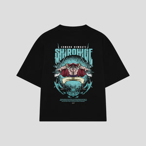Playera streetwear premium de anime y gaming ExtraLife MX, corte boxy oversized drop shoulder heavyweight en color Deep Black y Off-White, moda urbana mexicana de culto.
