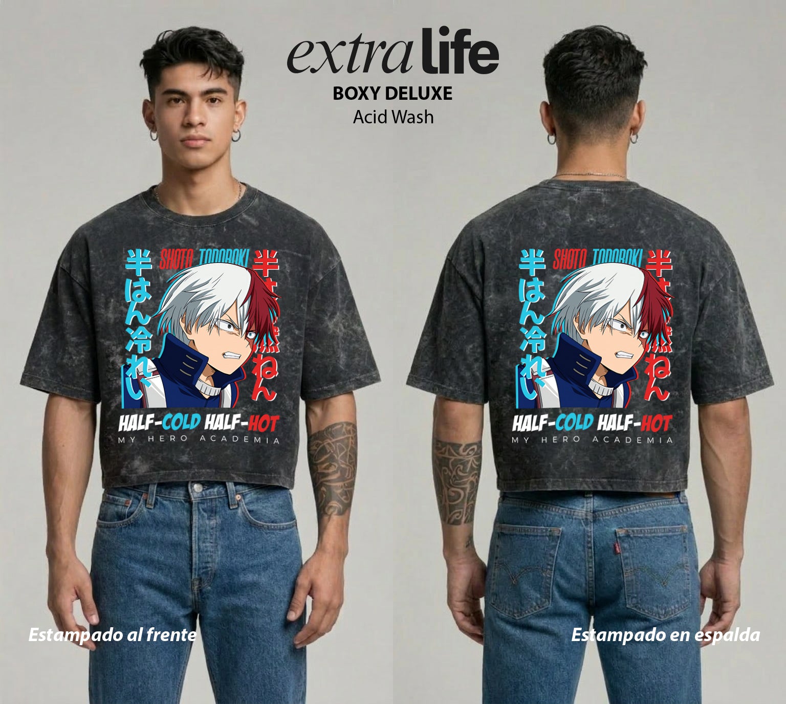 Playera streetwear premium de anime y gaming ExtraLife MX, corte boxy deluxe mineral wash heavyweight en color Acid Wash, moda urbana mexicana de culto.