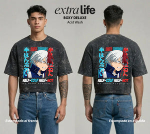 Playera streetwear premium de anime y gaming ExtraLife MX, corte boxy deluxe mineral wash heavyweight en color Acid Wash, moda urbana mexicana de culto.
