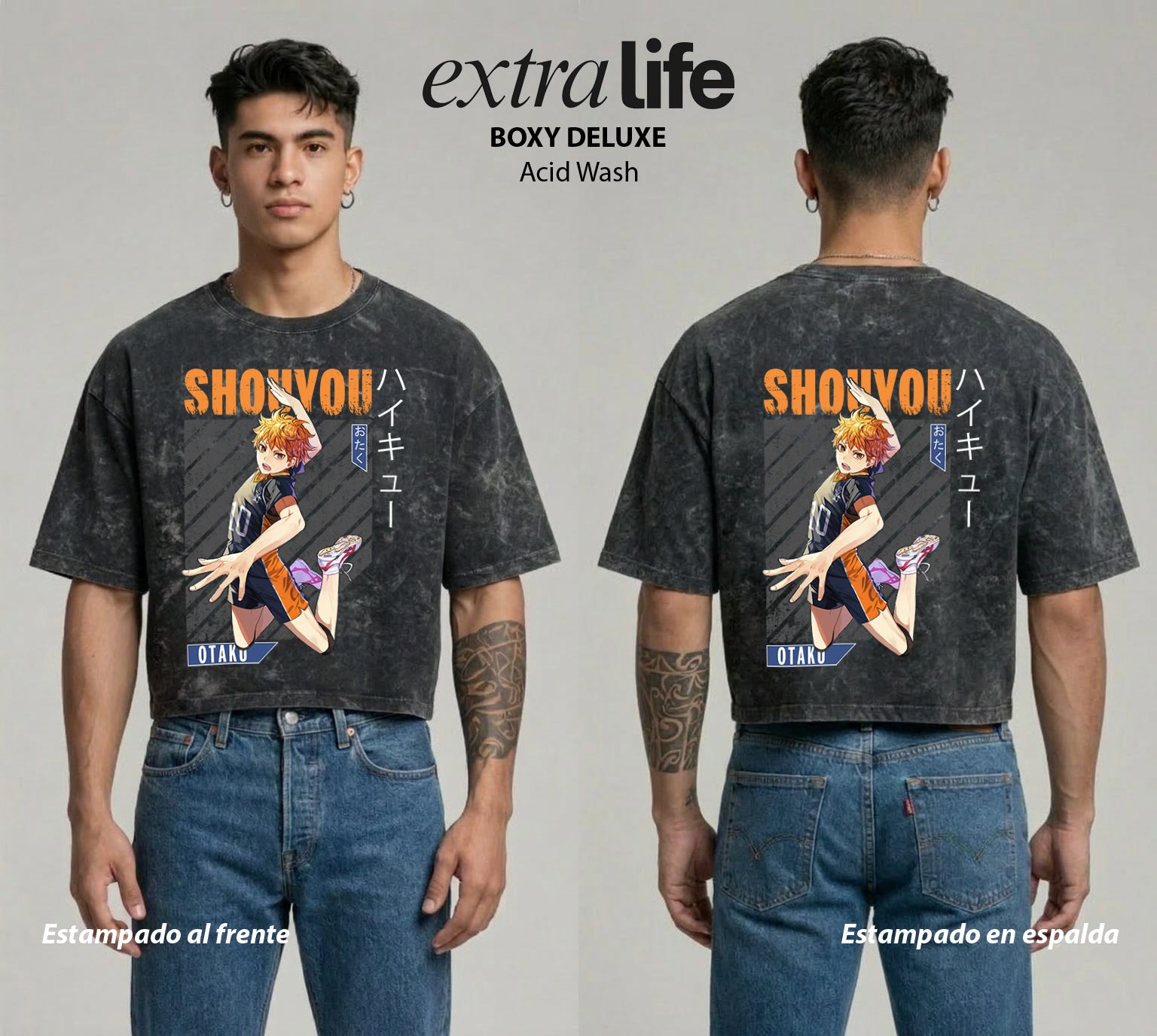Playera streetwear premium de anime y gaming ExtraLife MX, corte boxy deluxe mineral wash heavyweight en color Acid Wash, moda urbana mexicana de culto.