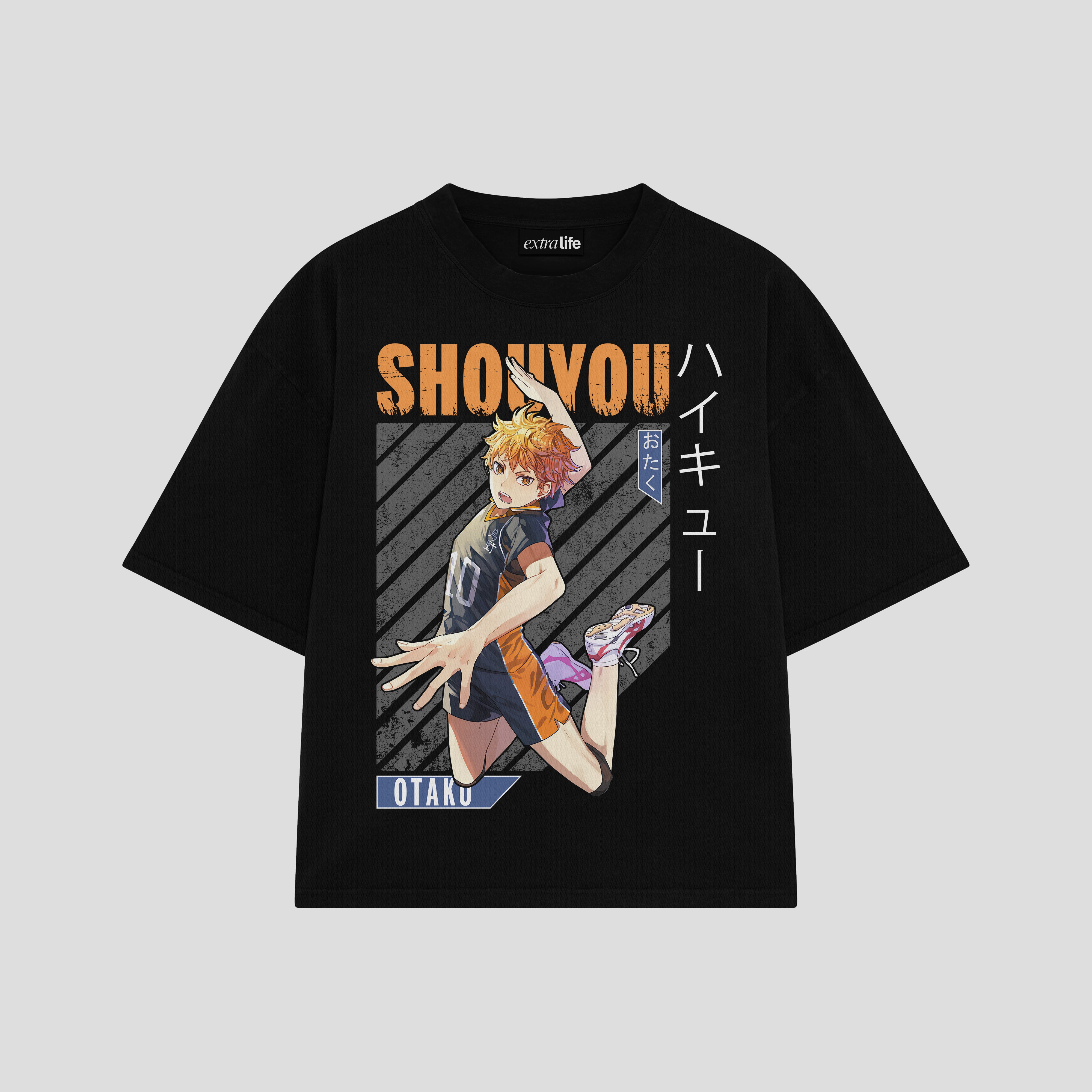 Playera streetwear premium de anime y gaming ExtraLife MX, corte boxy oversized drop shoulder heavyweight en color Deep Black y Off-White, moda urbana mexicana de culto.