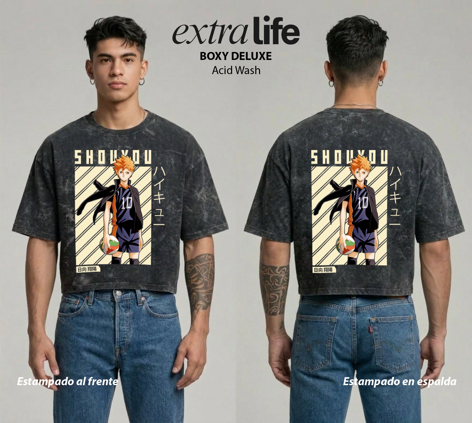 Playera streetwear premium de anime y gaming ExtraLife MX, corte boxy deluxe mineral wash heavyweight en color Acid Wash, moda urbana mexicana de culto.