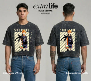 Playera streetwear premium de anime y gaming ExtraLife MX, corte boxy deluxe mineral wash heavyweight en color Acid Wash, moda urbana mexicana de culto.