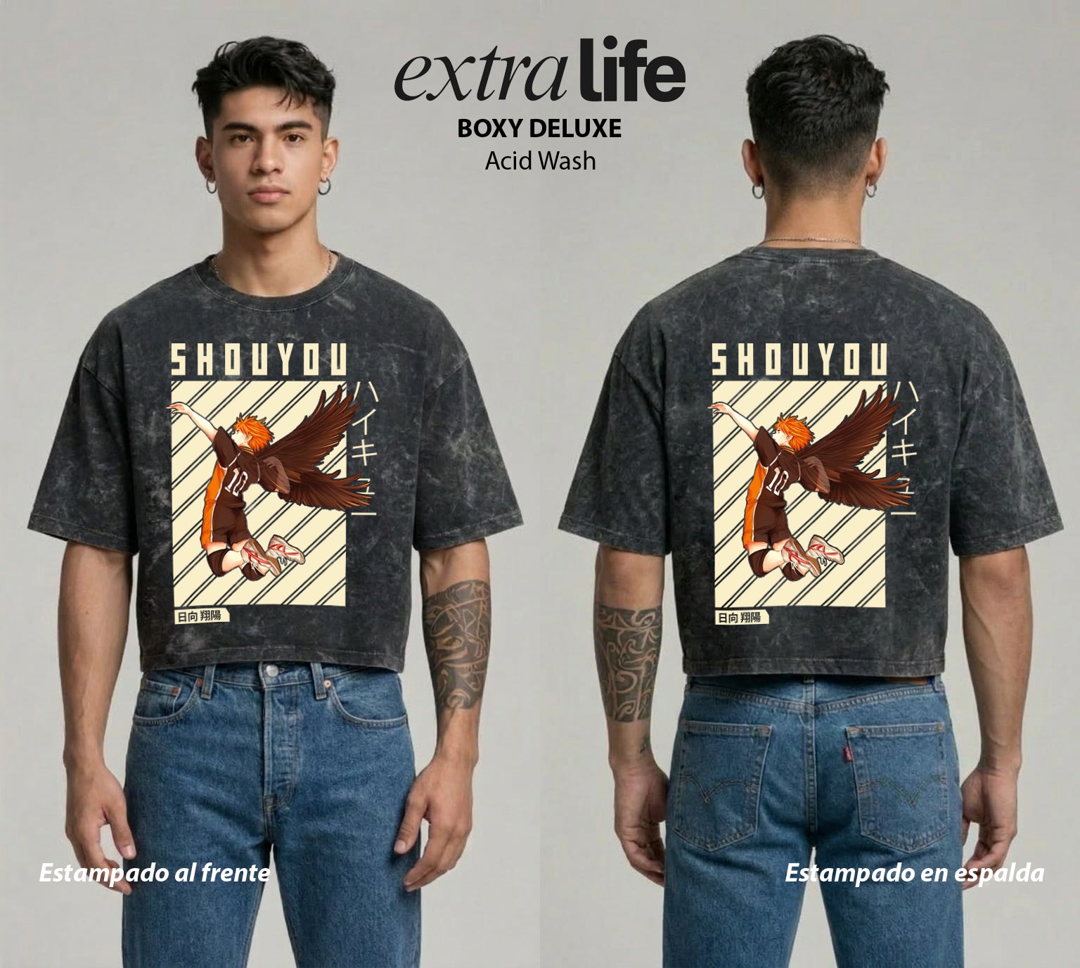 Playera streetwear premium de anime y gaming ExtraLife MX, corte boxy deluxe mineral wash heavyweight en color Acid Wash, moda urbana mexicana de culto.