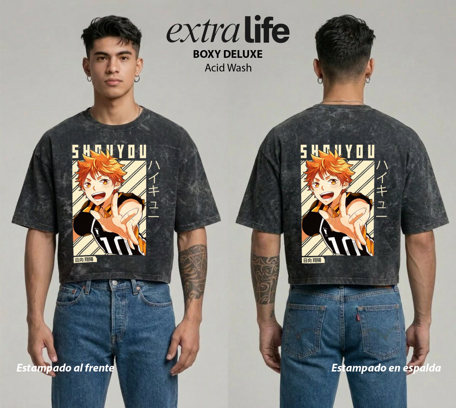 Playera streetwear premium de anime y gaming ExtraLife MX, corte boxy deluxe mineral wash heavyweight en color Acid Wash, moda urbana mexicana de culto.