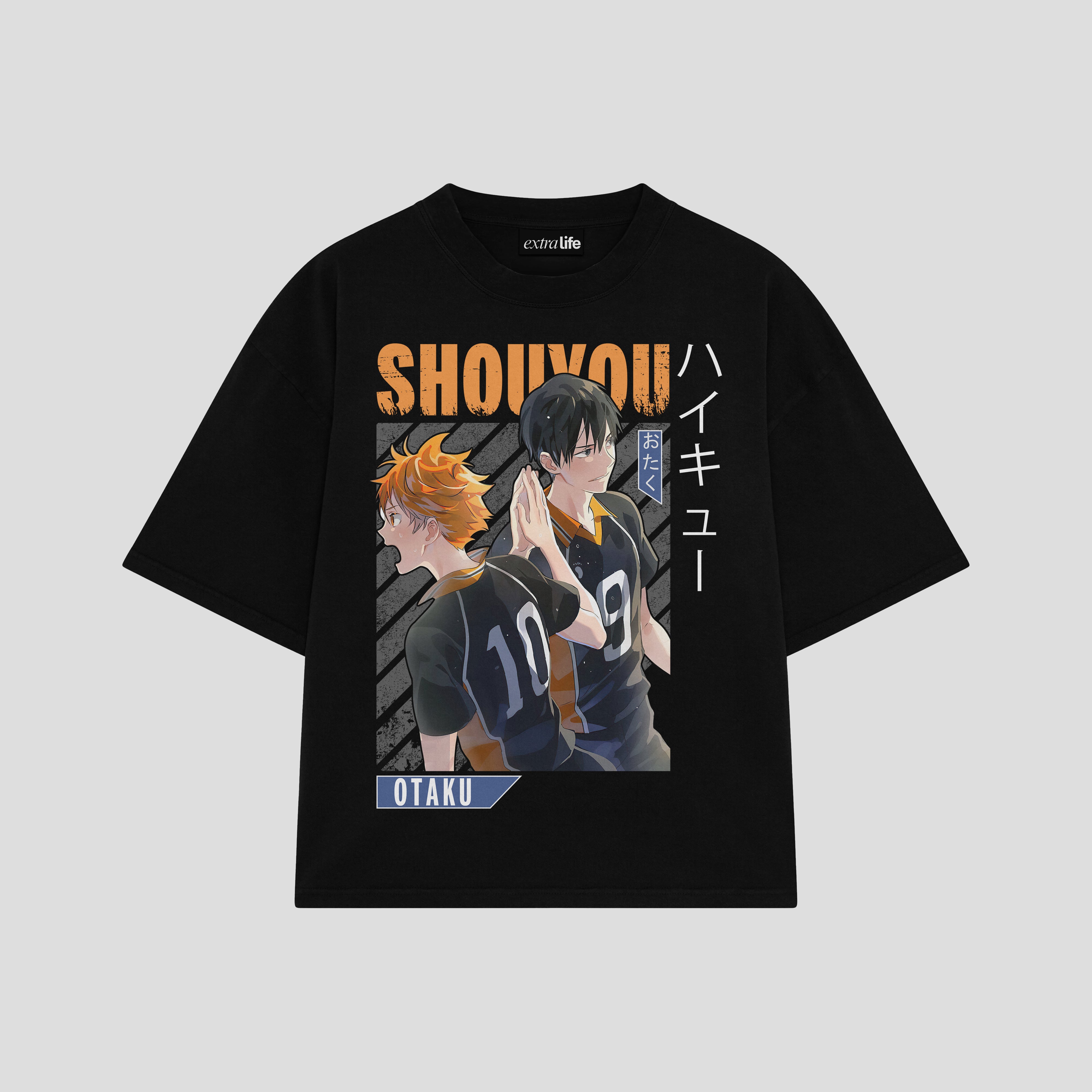 Playera streetwear premium de anime y gaming ExtraLife MX, corte boxy oversized drop shoulder heavyweight en color Deep Black y Off-White, moda urbana mexicana de culto.