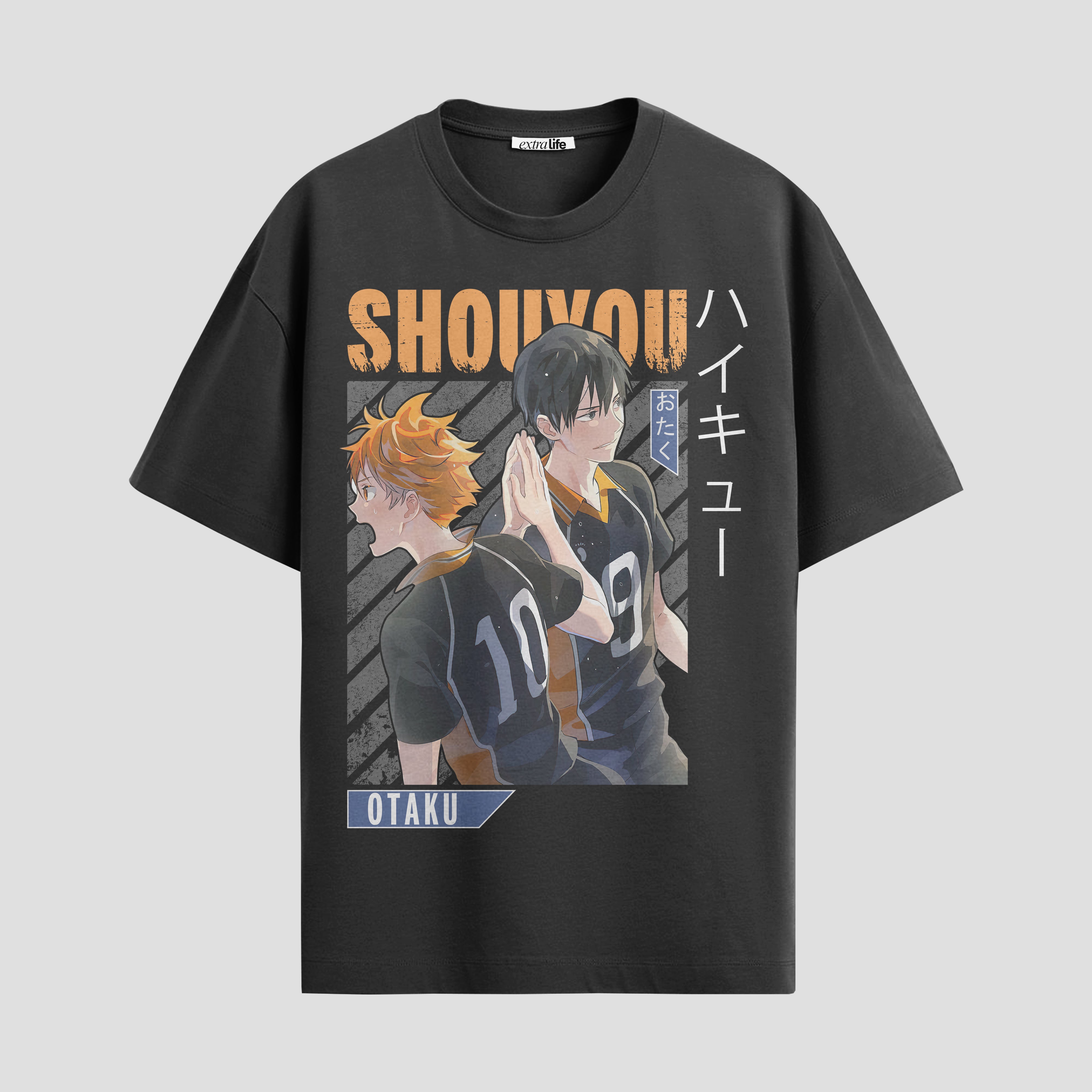 Playera urbana de anime y gaming ExtraLife MX, corte Standard Fit unisex ligero y transpirable en color Deep Black y Pure White, ropa de uso diario para gym y casual.