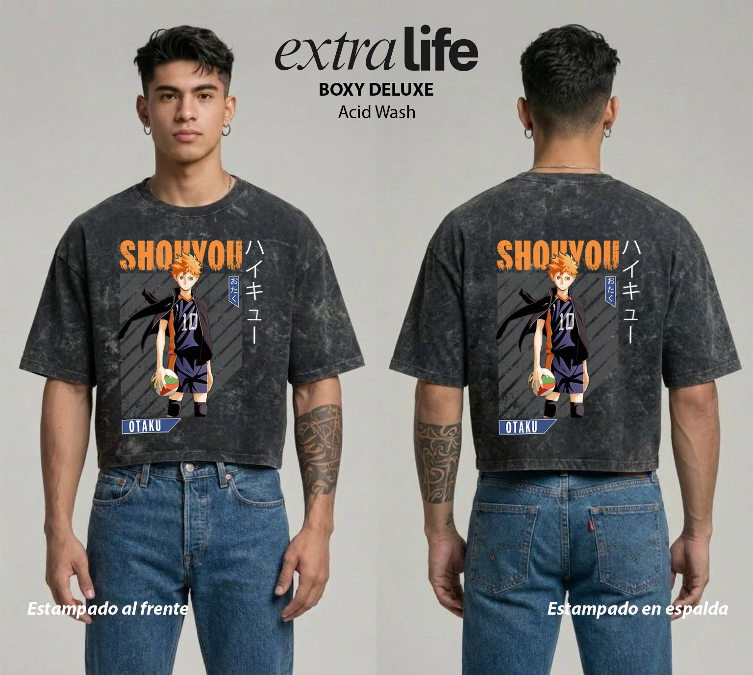 Playera streetwear premium de anime y gaming ExtraLife MX, corte boxy deluxe mineral wash heavyweight en color Acid Wash, moda urbana mexicana de culto.