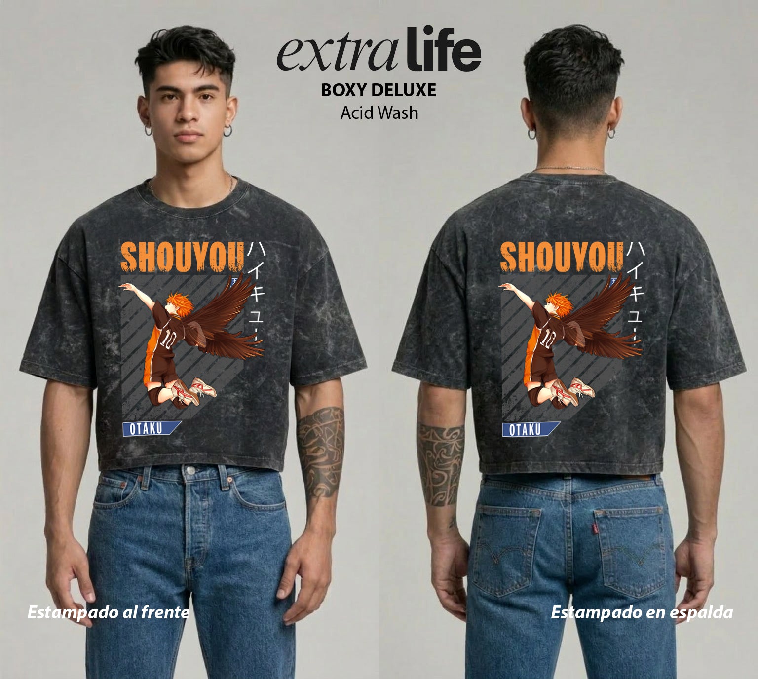Playera streetwear premium de anime y gaming ExtraLife MX, corte boxy deluxe mineral wash heavyweight en color Acid Wash, moda urbana mexicana de culto.