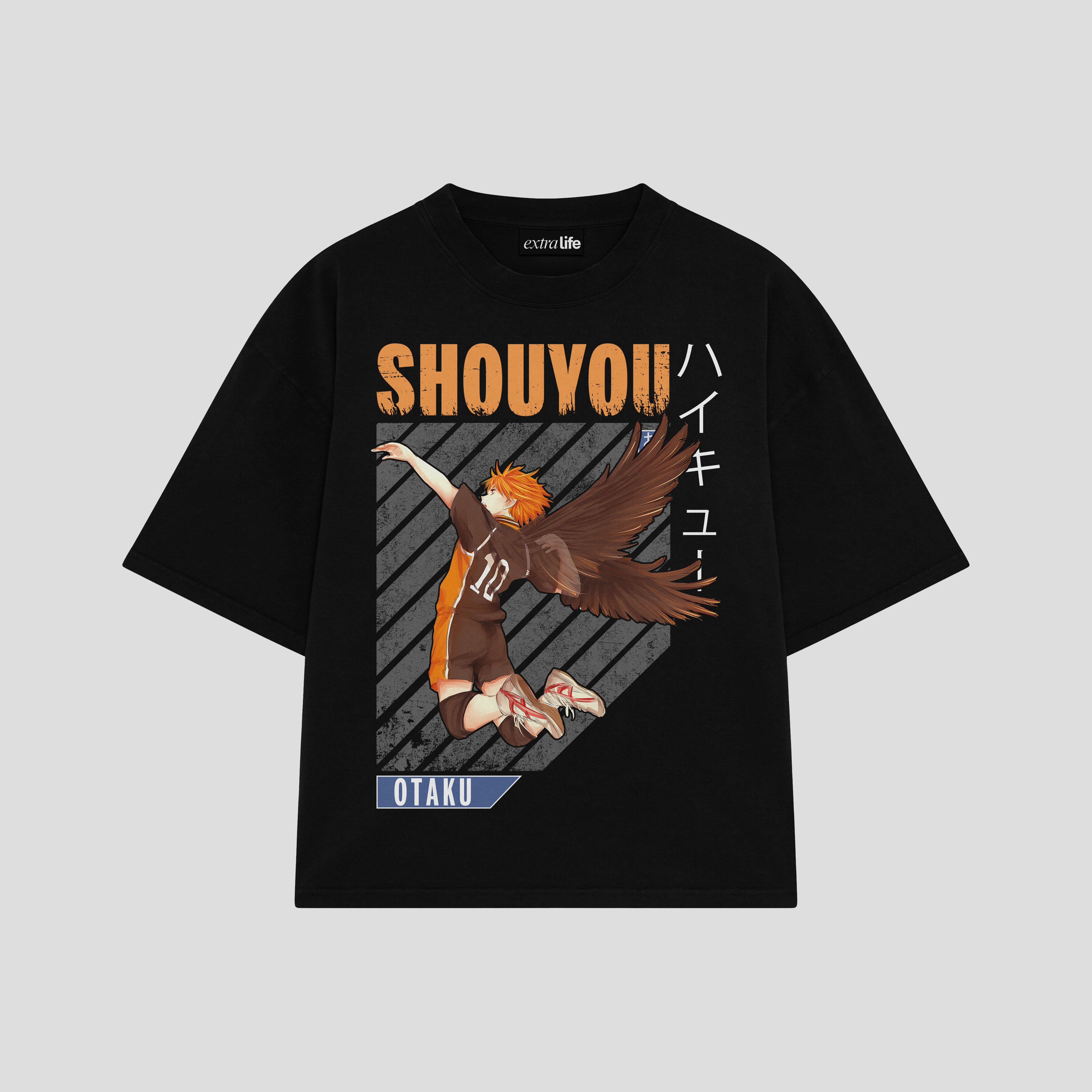 Playera streetwear premium de anime y gaming ExtraLife MX, corte boxy oversized drop shoulder heavyweight en color Deep Black y Off-White, moda urbana mexicana de culto.