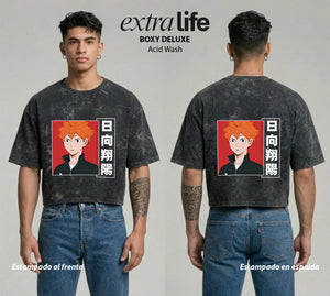 Playera streetwear premium de anime y gaming ExtraLife MX, corte boxy deluxe mineral wash heavyweight en color Acid Wash, moda urbana mexicana de culto.