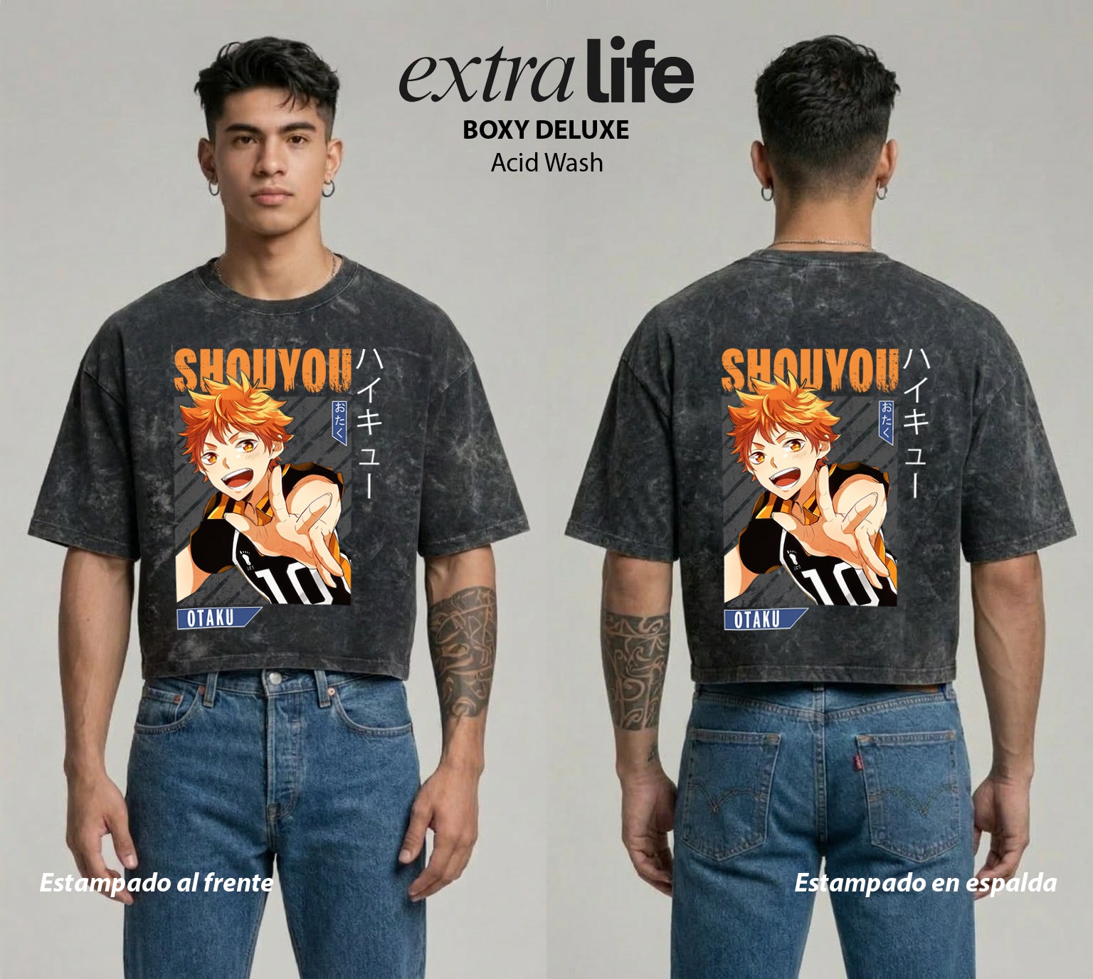 Playera streetwear premium de anime y gaming ExtraLife MX, corte boxy deluxe mineral wash heavyweight en color Acid Wash, moda urbana mexicana de culto.