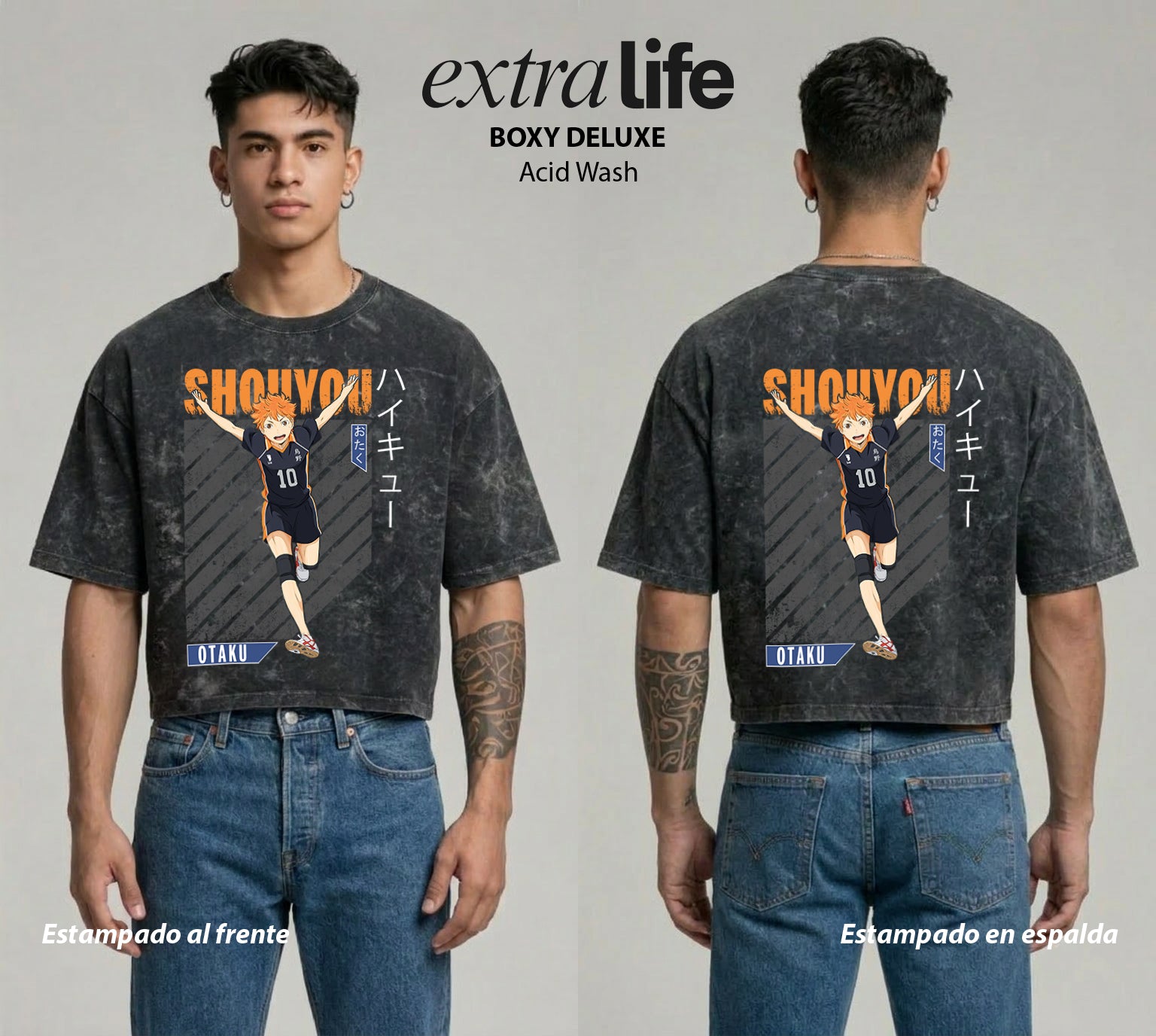 Playera streetwear premium de anime y gaming ExtraLife MX, corte boxy deluxe mineral wash heavyweight en color Acid Wash, moda urbana mexicana de culto.