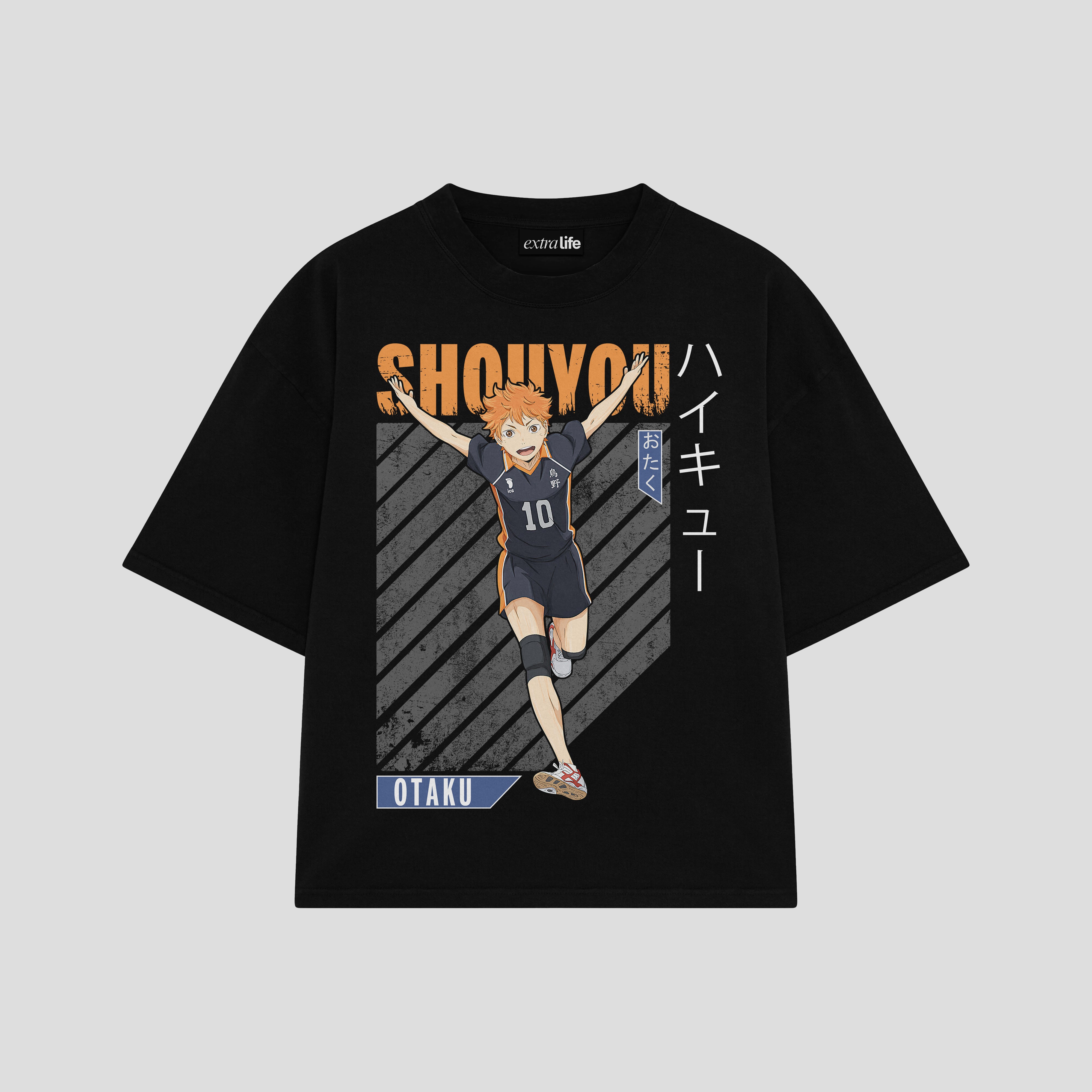 Playera streetwear premium de anime y gaming ExtraLife MX, corte boxy oversized drop shoulder heavyweight en color Deep Black y Off-White, moda urbana mexicana de culto.