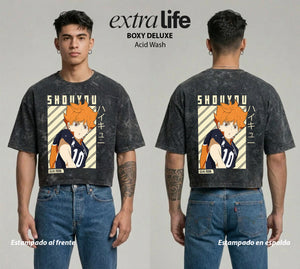Playera streetwear premium de anime y gaming ExtraLife MX, corte boxy deluxe mineral wash heavyweight en color Acid Wash, moda urbana mexicana de culto.