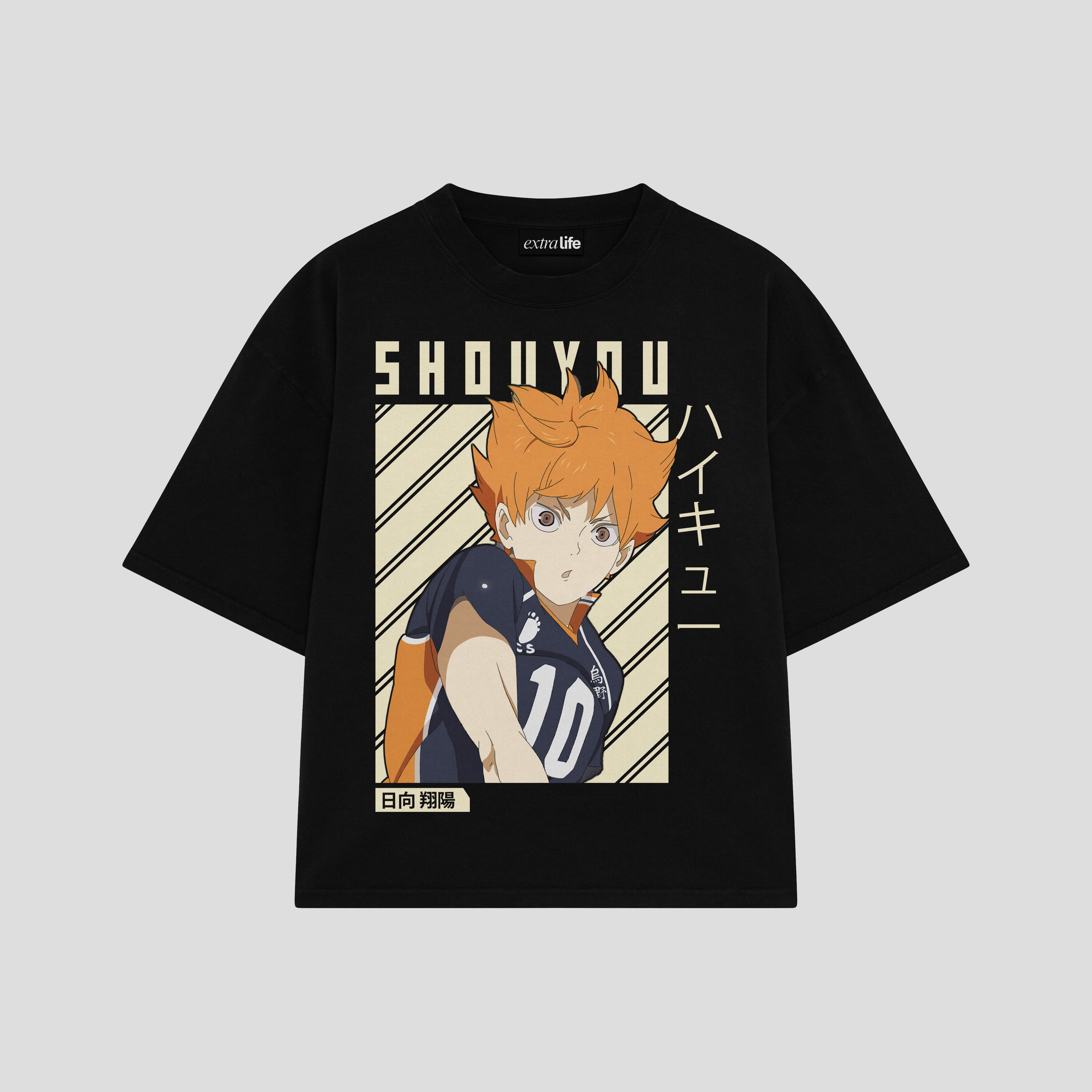 Playera streetwear premium de anime y gaming ExtraLife MX, corte boxy oversized drop shoulder heavyweight en color Deep Black y Off-White, moda urbana mexicana de culto.