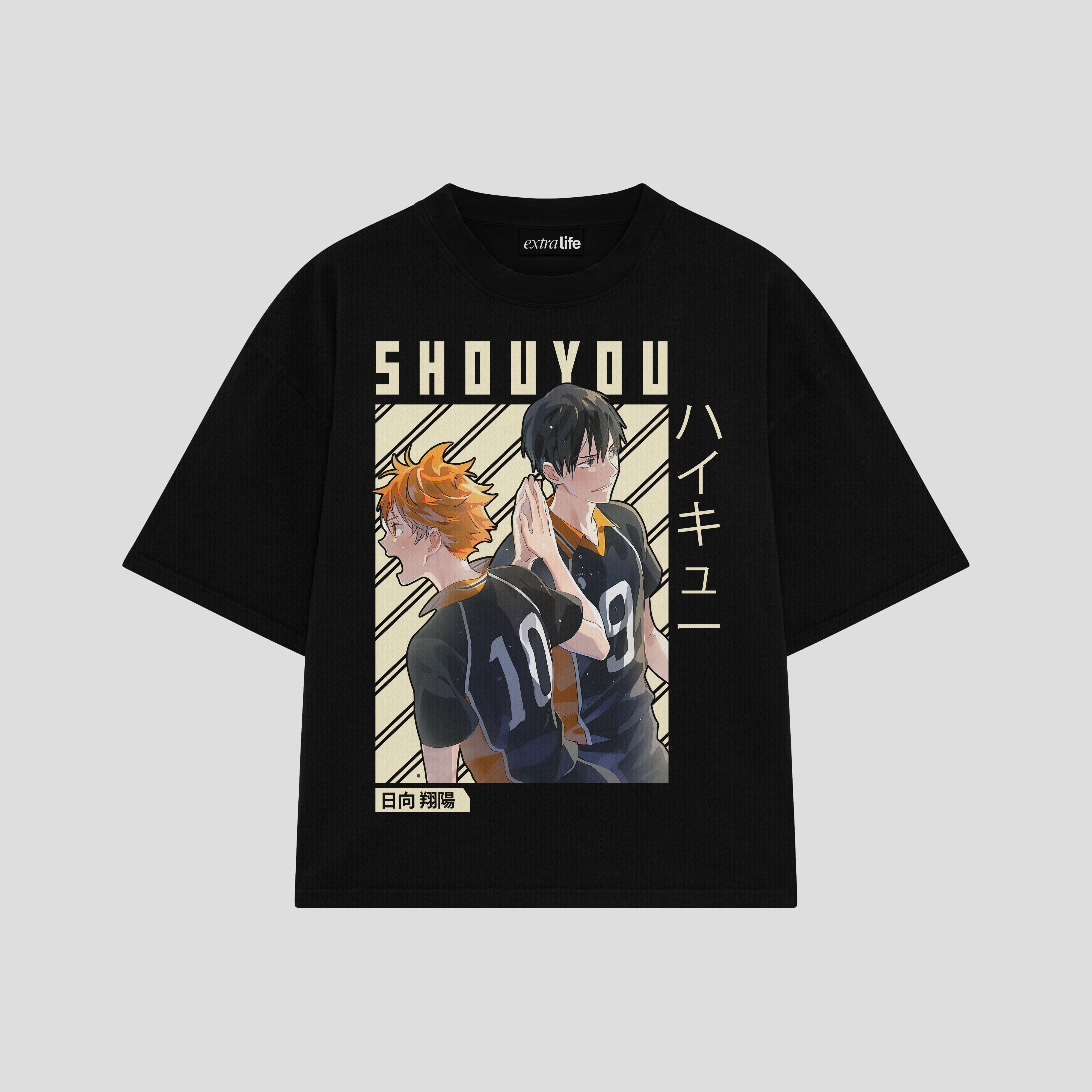 Playera streetwear premium de anime y gaming ExtraLife MX, corte boxy oversized drop shoulder heavyweight en color Deep Black y Off-White, moda urbana mexicana de culto.