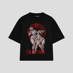 Playera streetwear premium de anime y gaming ExtraLife MX, corte boxy oversized drop shoulder heavyweight en color Deep Black y Off-White, moda urbana mexicana de culto.