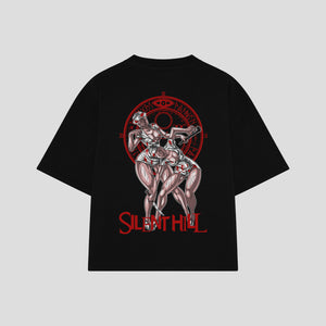 Playera streetwear premium de anime y gaming ExtraLife MX, corte boxy oversized drop shoulder heavyweight en color Deep Black y Off-White, moda urbana mexicana de culto.
