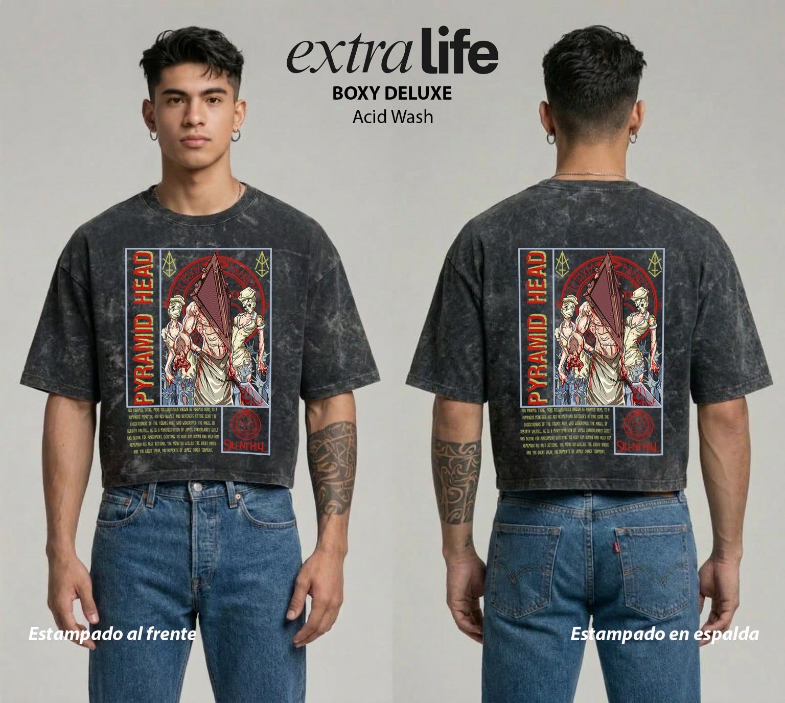 Playera streetwear premium de anime y gaming ExtraLife MX, corte boxy deluxe mineral wash heavyweight en color Acid Wash, moda urbana mexicana de culto.