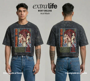 Playera streetwear premium de anime y gaming ExtraLife MX, corte boxy deluxe mineral wash heavyweight en color Acid Wash, moda urbana mexicana de culto.