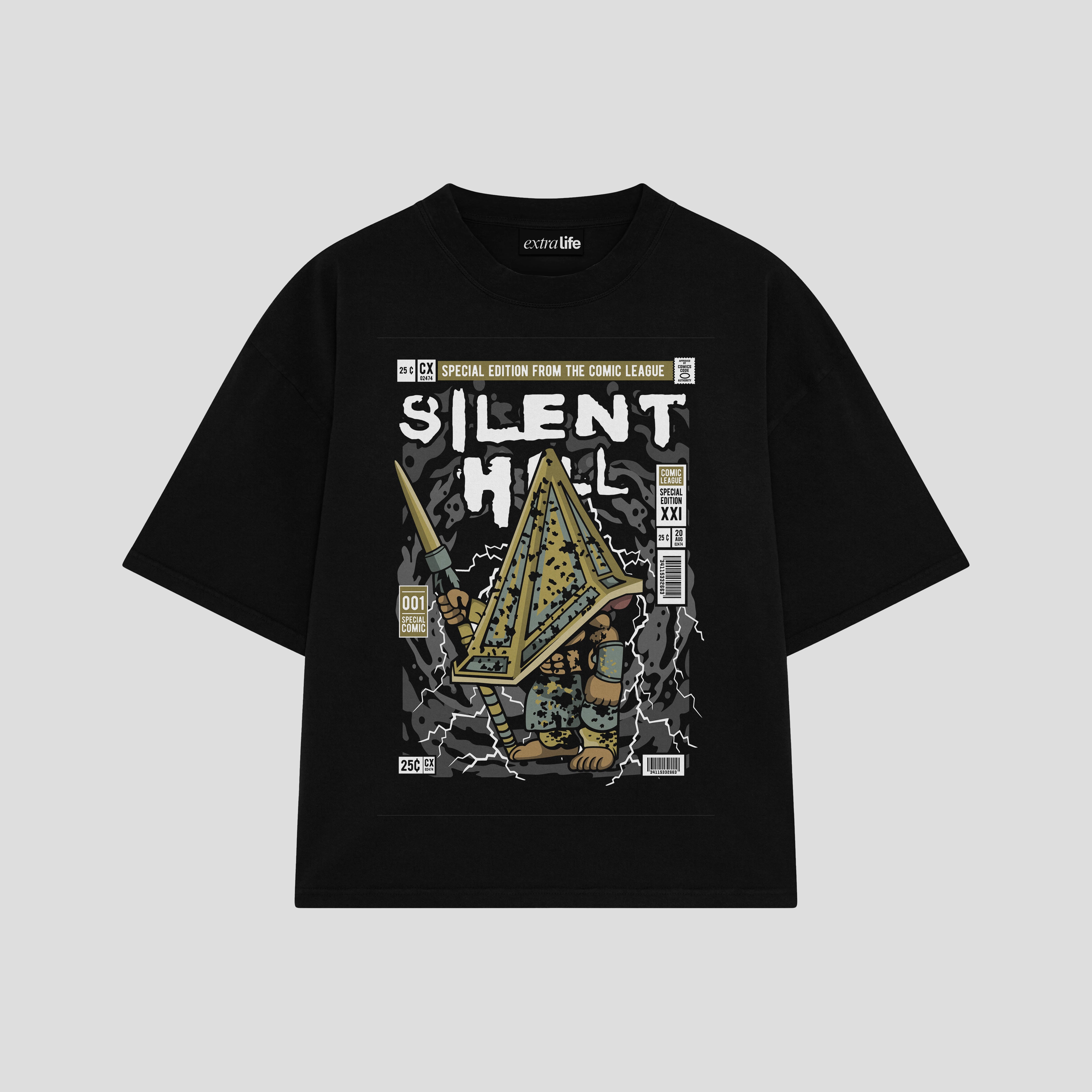Playera streetwear premium de anime y gaming ExtraLife MX, corte boxy oversized drop shoulder heavyweight en color Deep Black y Off-White, moda urbana mexicana de culto.