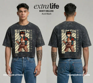 Playera streetwear premium de anime y gaming ExtraLife MX, corte boxy deluxe mineral wash heavyweight en color Acid Wash, moda urbana mexicana de culto.