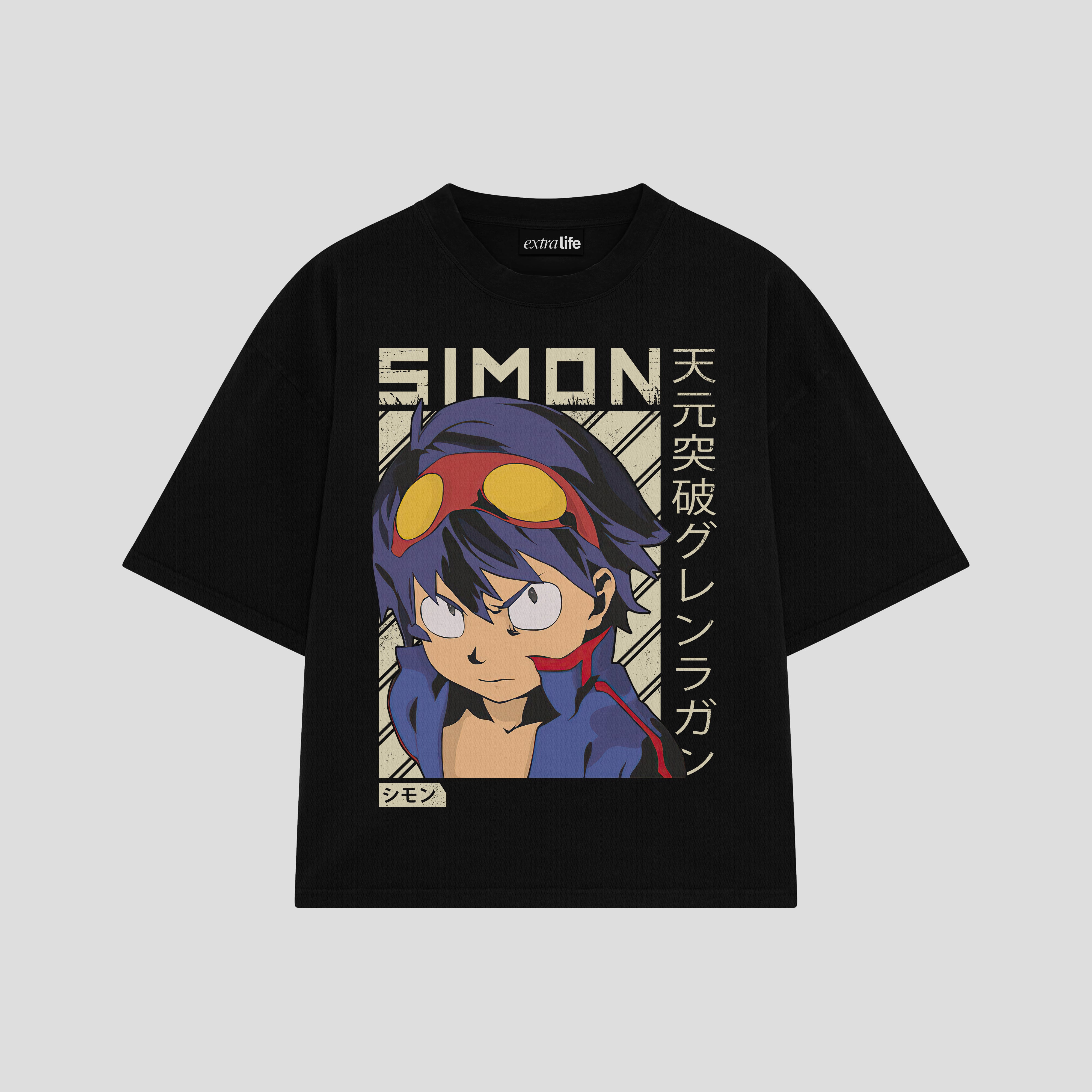 Playera streetwear premium de anime y gaming ExtraLife MX, corte boxy oversized drop shoulder heavyweight en color Deep Black y Off-White, moda urbana mexicana de culto.
