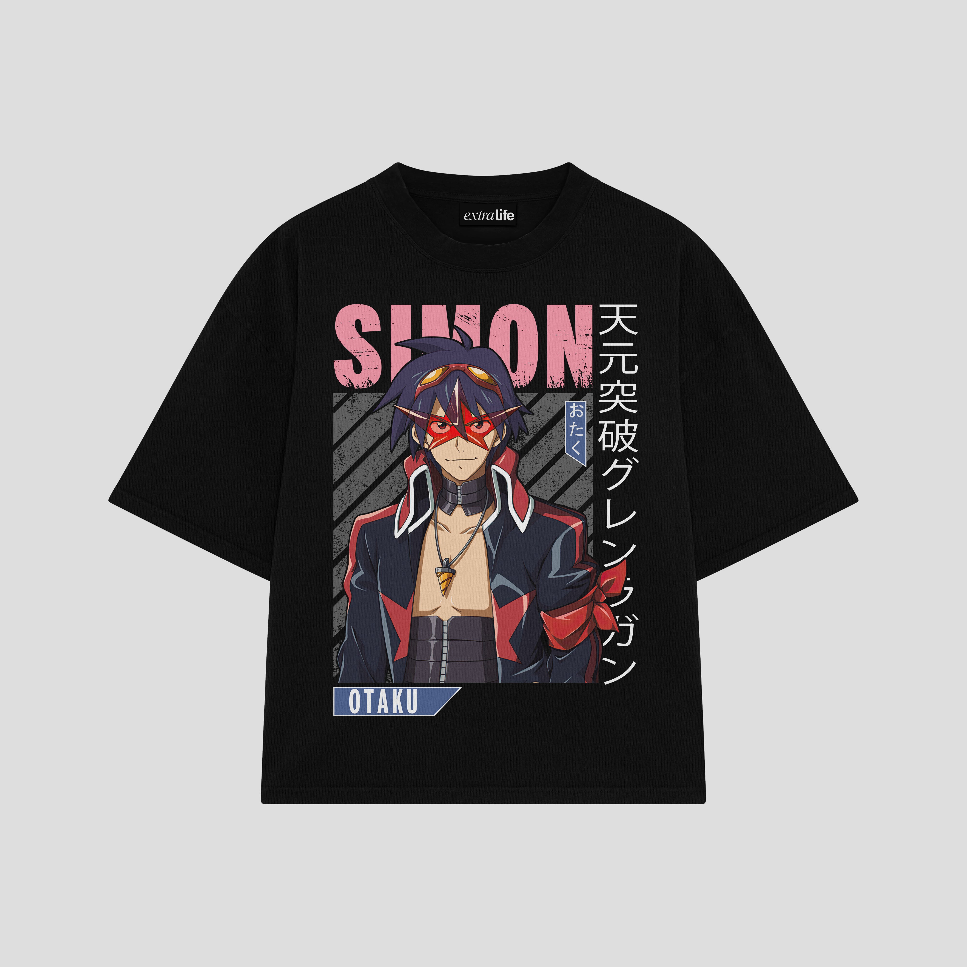 Playera streetwear premium de anime y gaming ExtraLife MX, corte boxy oversized drop shoulder heavyweight en color Deep Black y Off-White, moda urbana mexicana de culto.
