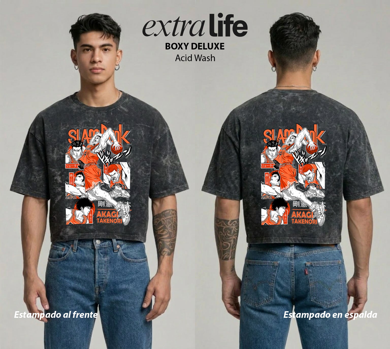 Playera streetwear premium de anime y gaming ExtraLife MX, corte boxy deluxe mineral wash heavyweight en color Acid Wash, moda urbana mexicana de culto.