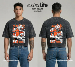 Playera streetwear premium de anime y gaming ExtraLife MX, corte boxy deluxe mineral wash heavyweight en color Acid Wash, moda urbana mexicana de culto.