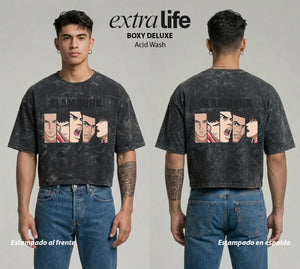 Playera streetwear premium de anime y gaming ExtraLife MX, corte boxy deluxe mineral wash heavyweight en color Acid Wash, moda urbana mexicana de culto.