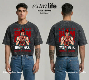 Playera streetwear premium de anime y gaming ExtraLife MX, corte boxy deluxe mineral wash heavyweight en color Acid Wash, moda urbana mexicana de culto.