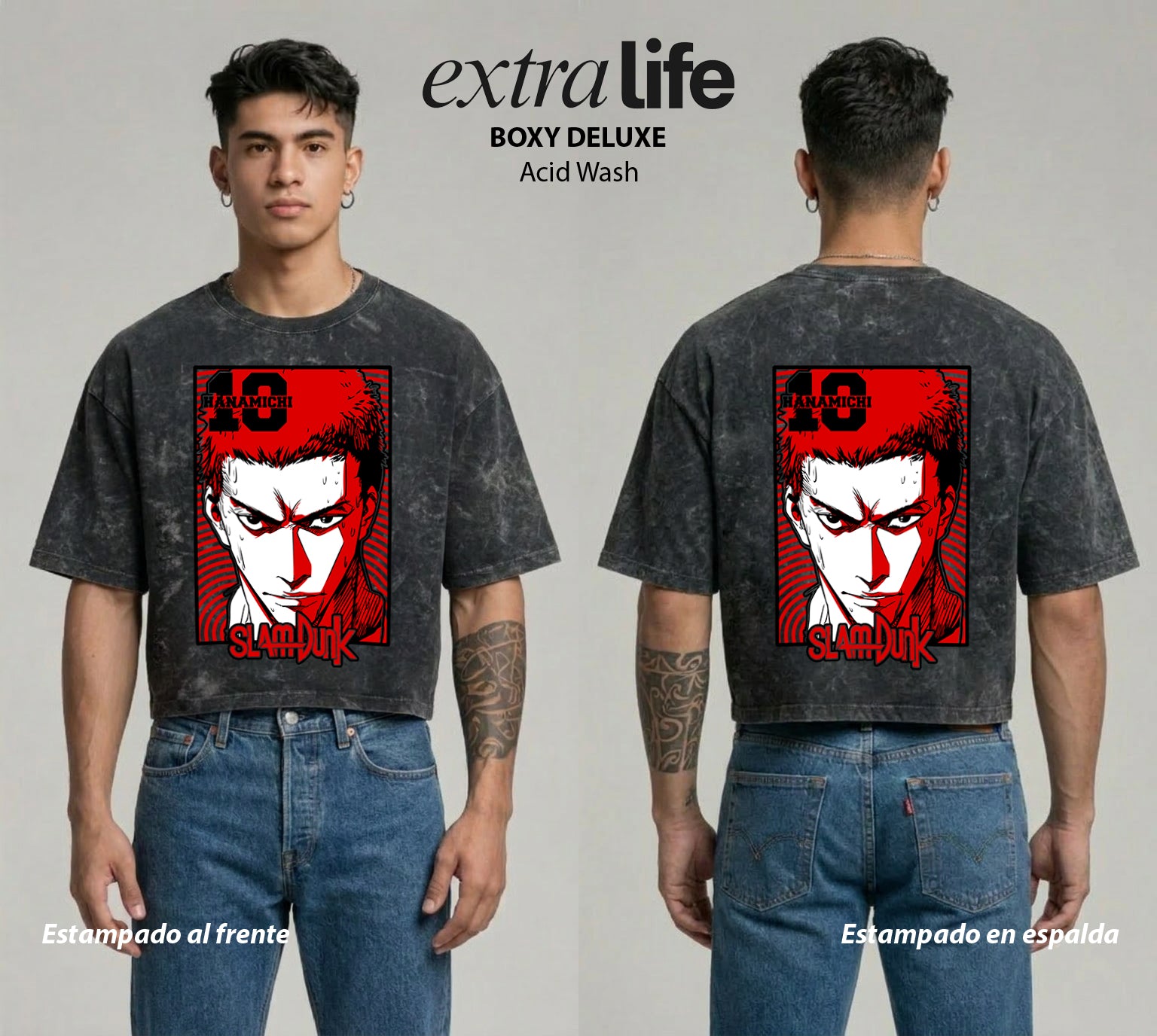 Playera streetwear premium de anime y gaming ExtraLife MX, corte boxy deluxe mineral wash heavyweight en color Acid Wash, moda urbana mexicana de culto.