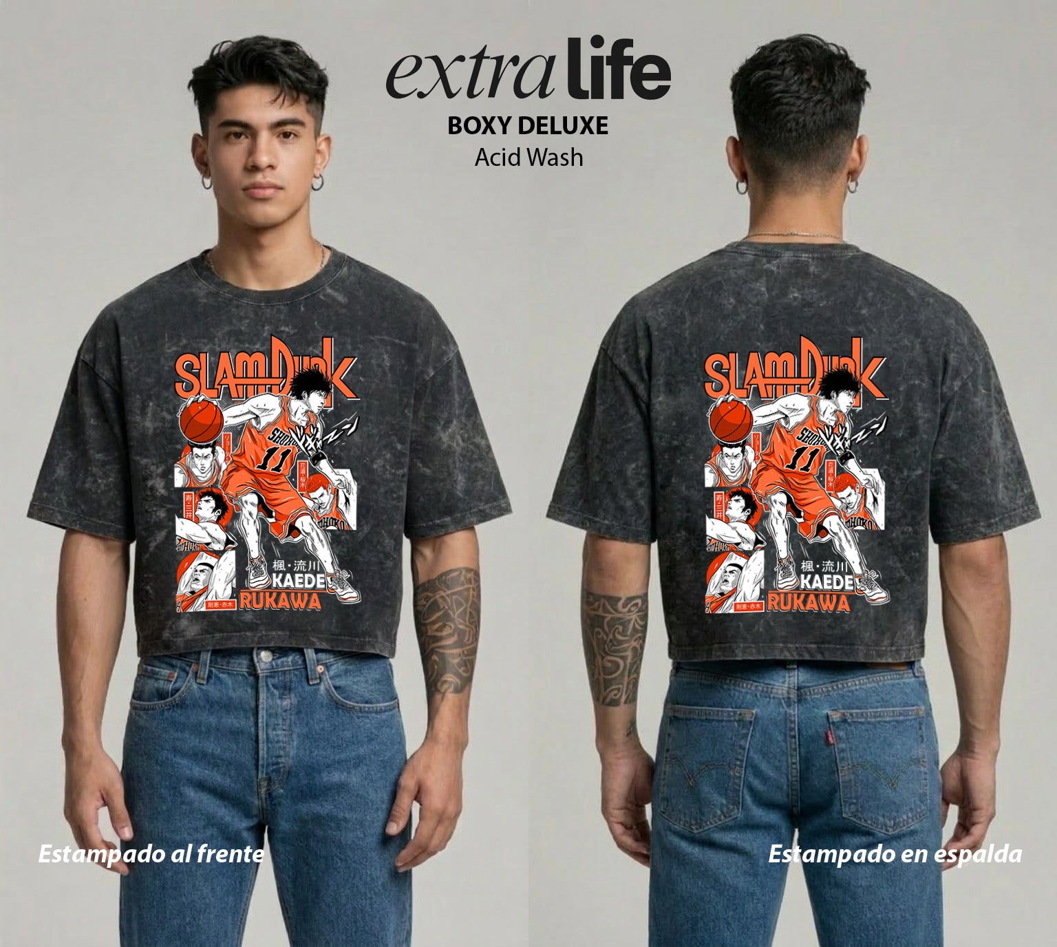 Playera streetwear premium de anime y gaming ExtraLife MX, corte boxy deluxe mineral wash heavyweight en color Acid Wash, moda urbana mexicana de culto.