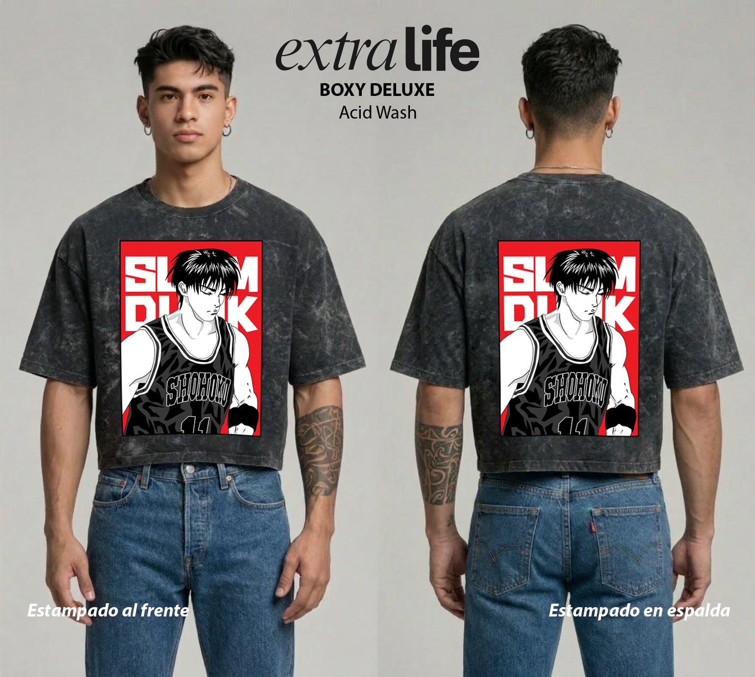 Playera streetwear premium de anime y gaming ExtraLife MX, corte boxy deluxe mineral wash heavyweight en color Acid Wash, moda urbana mexicana de culto.