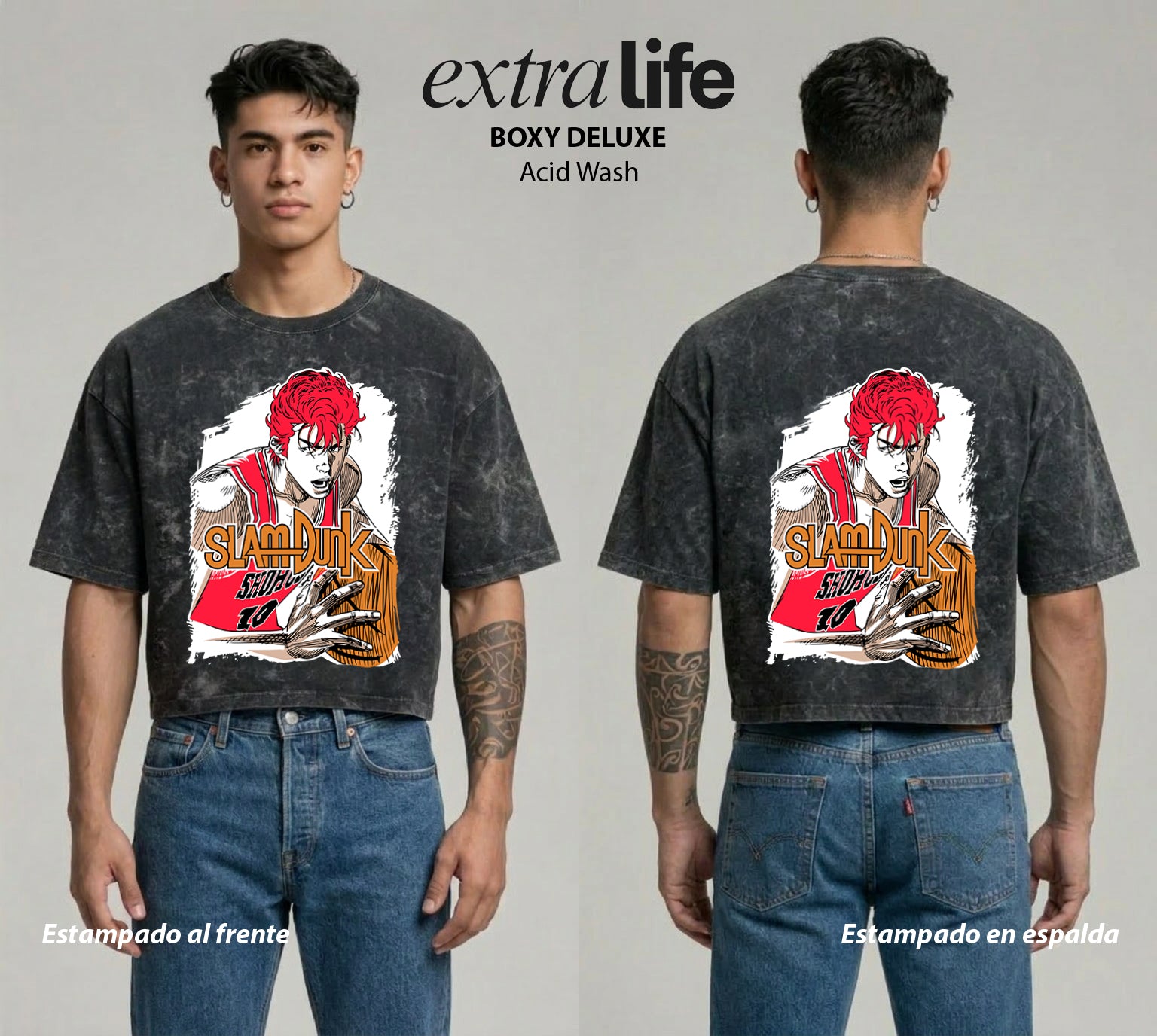 Playera streetwear premium de anime y gaming ExtraLife MX, corte boxy deluxe mineral wash heavyweight en color Acid Wash, moda urbana mexicana de culto.