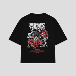 Playera streetwear premium de anime y gaming ExtraLife MX, corte boxy oversized drop shoulder heavyweight en color Deep Black y Off-White, moda urbana mexicana de culto.