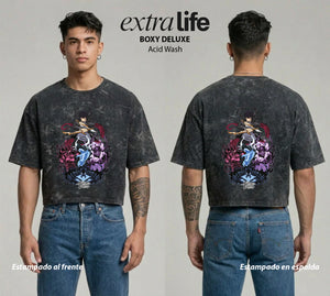 Playera streetwear premium de anime y gaming ExtraLife MX, corte boxy deluxe mineral wash heavyweight en color Acid Wash, moda urbana mexicana de culto.