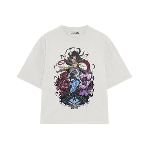 Playera streetwear premium de anime y gaming ExtraLife MX, corte boxy oversized drop shoulder heavyweight en color Deep Black y Off-White, moda urbana mexicana de culto.