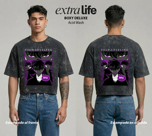 Playera streetwear premium de anime y gaming ExtraLife MX, corte boxy deluxe mineral wash heavyweight en color Acid Wash, moda urbana mexicana de culto.