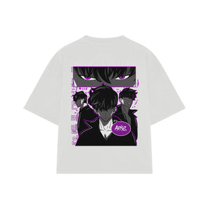 Playera streetwear premium de anime y gaming ExtraLife MX, corte boxy oversized drop shoulder heavyweight en color Deep Black y Off-White, moda urbana mexicana de culto.