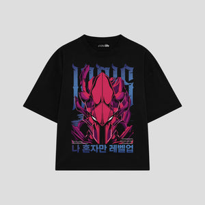 Playera streetwear premium de anime y gaming ExtraLife MX, corte boxy oversized drop shoulder heavyweight en color Deep Black y Off-White, moda urbana mexicana de culto.