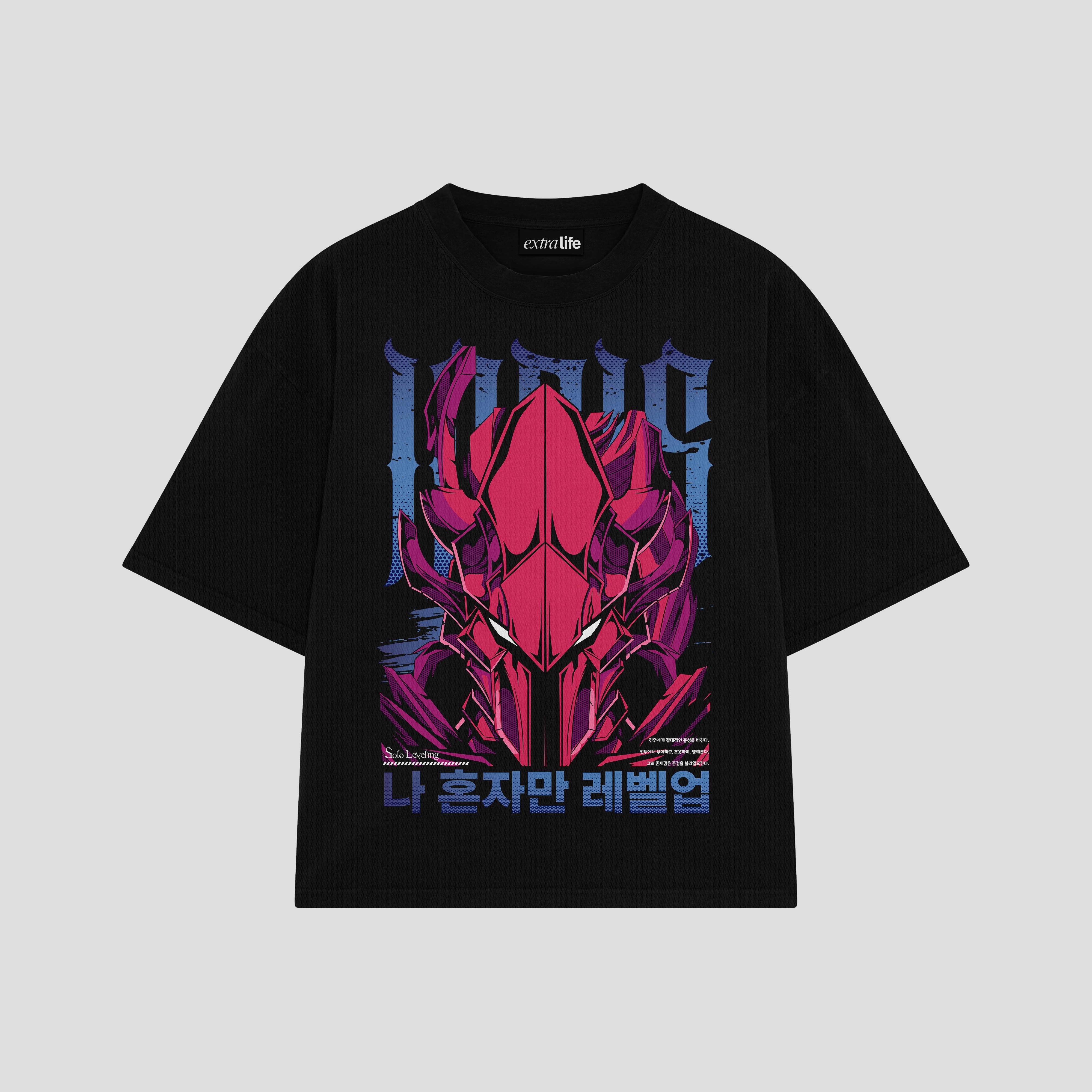 Playera streetwear premium de anime y gaming ExtraLife MX, corte boxy oversized drop shoulder heavyweight en color Deep Black y Off-White, moda urbana mexicana de culto.