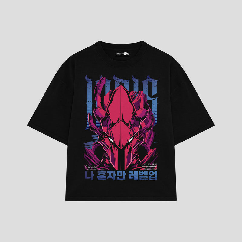 Playera streetwear premium de anime y gaming ExtraLife MX, corte boxy oversized drop shoulder heavyweight en color Deep Black y Off-White, moda urbana mexicana de culto.