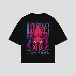 Playera streetwear premium de anime y gaming ExtraLife MX, corte boxy oversized drop shoulder heavyweight en color Deep Black y Off-White, moda urbana mexicana de culto.