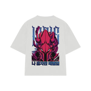 Playera streetwear premium de anime y gaming ExtraLife MX, corte boxy oversized drop shoulder heavyweight en color Deep Black y Off-White, moda urbana mexicana de culto.